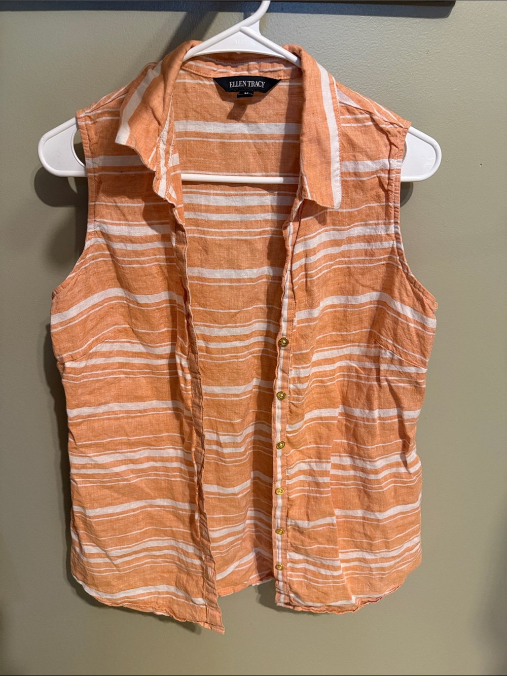 Ellen Tracy Orange and White Striped Sleeveless Button-Down Shirt - 100% linen!!